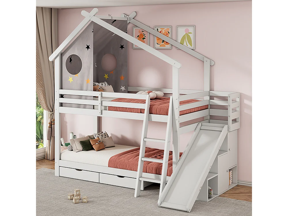 Lit superposé pour enfants 90*200cm, avec toboggan et échelle, avec 2 tiroirs, bois massif, meuble de rangement, blanc