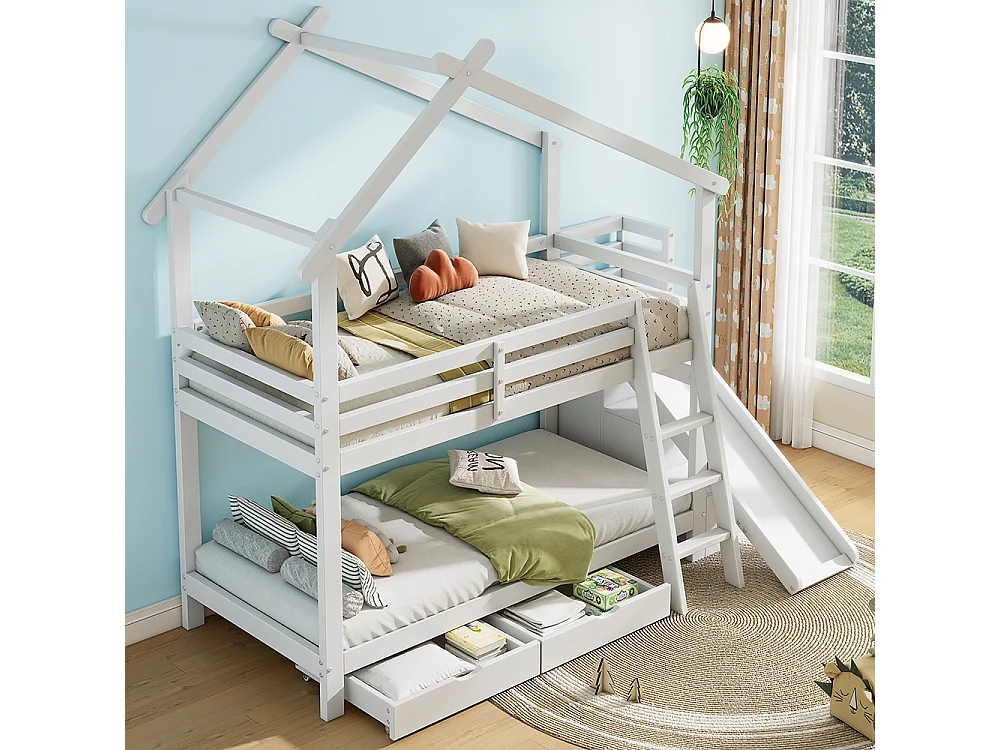 Lit superposé pour enfants 90*200cm, avec toboggan et échelle, avec 2 tiroirs, bois massif, meuble de rangement, blanc