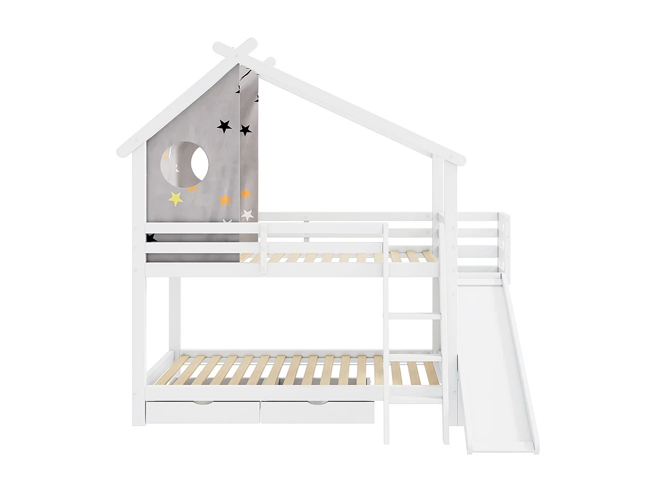 Lit superposé pour enfants 90*200cm, avec toboggan et échelle, avec 2 tiroirs, bois massif, meuble de rangement, blanc