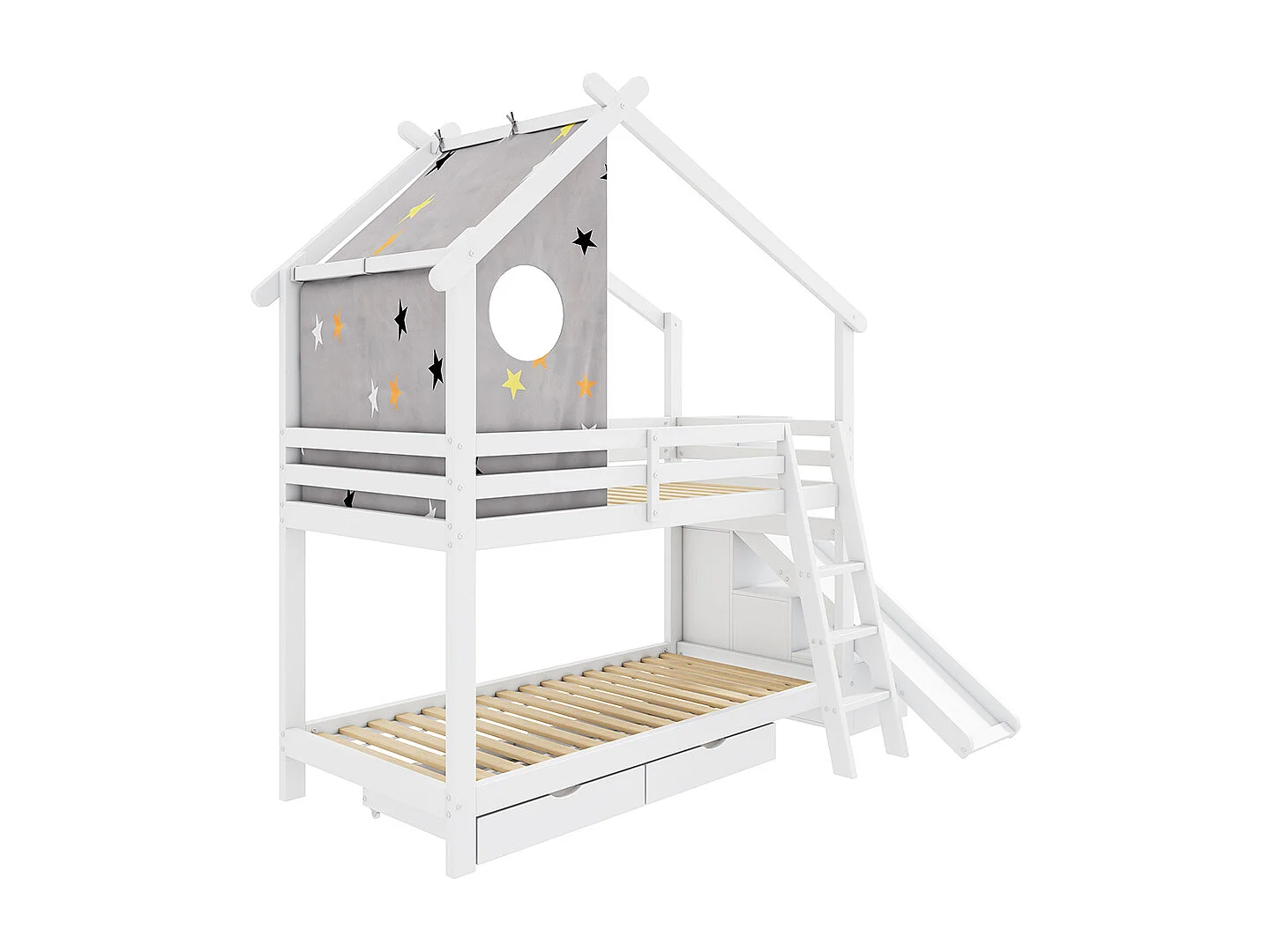 Lit superposé pour enfants 90*200cm, avec toboggan et échelle, avec 2 tiroirs, bois massif, meuble de rangement, blanc