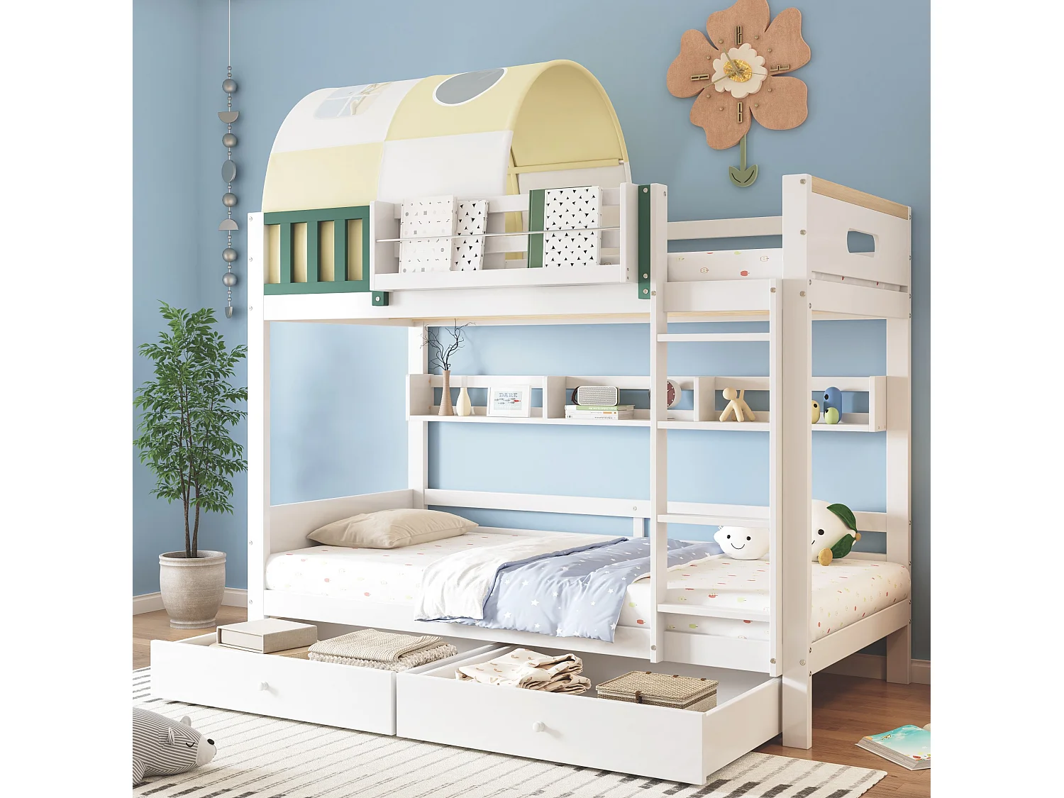 Lit superposé pour enfants, avec petite tente, rails, tiroirs, blanc + chartreuse, 90x200cm