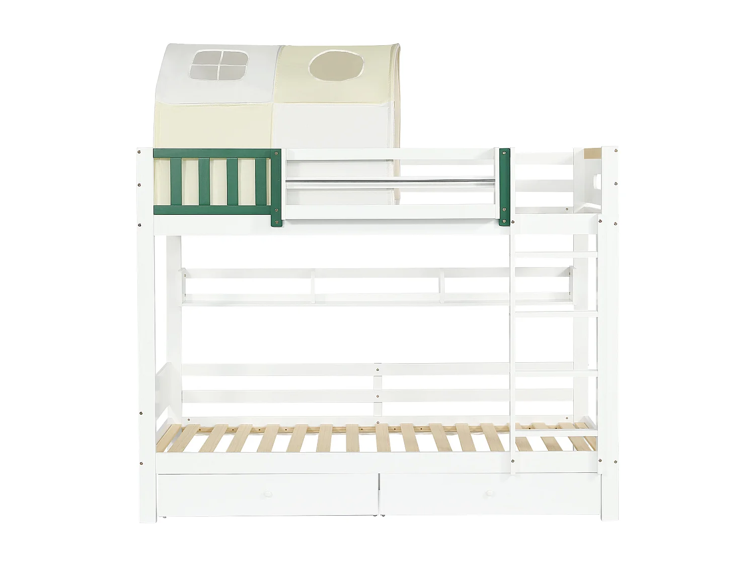 Lit superposé pour enfants, avec petite tente, rails, tiroirs, blanc + chartreuse, 90x200cm