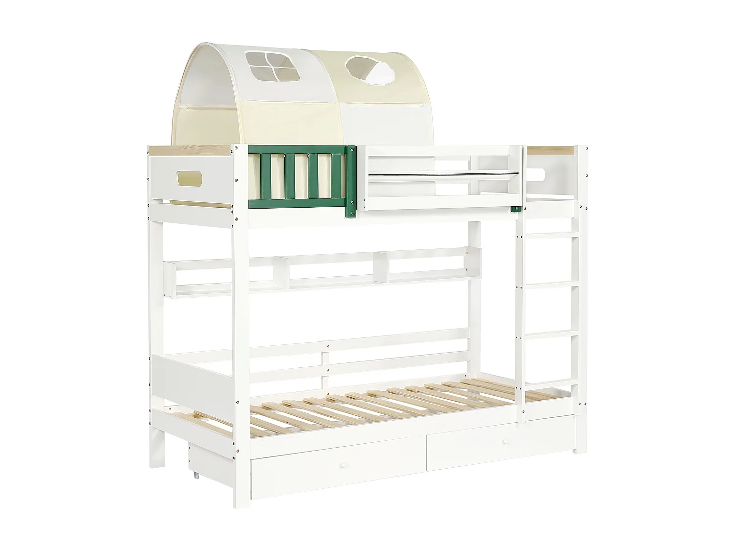 Lit superposé pour enfants, avec petite tente, rails, tiroirs, blanc + chartreuse, 90x200cm