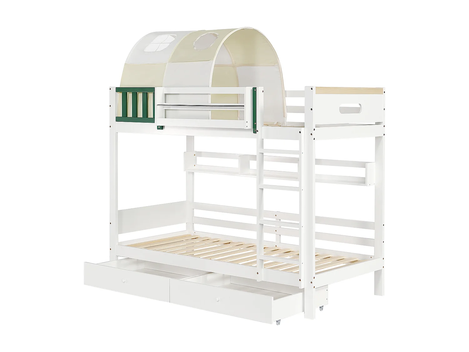Lit superposé pour enfants, avec petite tente, rails, tiroirs, blanc + chartreuse, 90x200cm