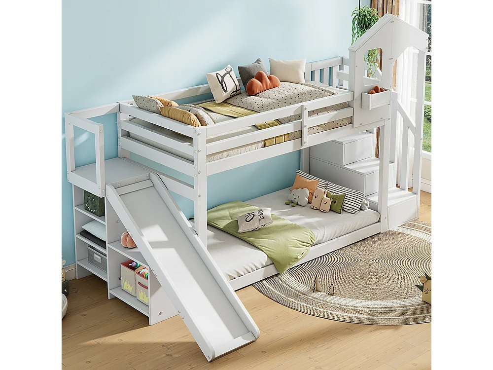 Kinderstapelbed 90*200, met glijbaan en trap, massief hout, wit