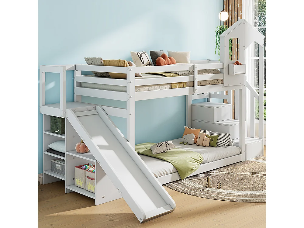 Kinderstapelbed 90*200, met glijbaan en trap, massief hout, wit