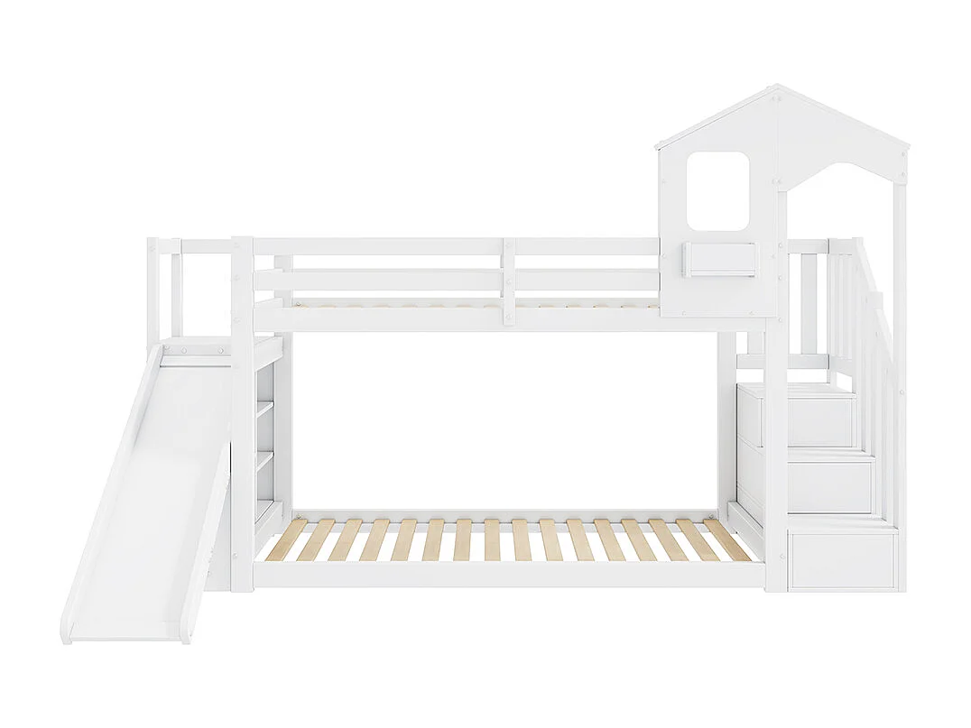 Kinderstapelbed 90*200, met glijbaan en trap, massief hout, wit