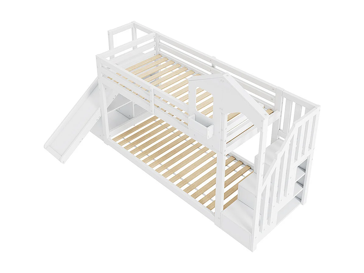 Kinderstapelbed 90*200, met glijbaan en trap, massief hout, wit