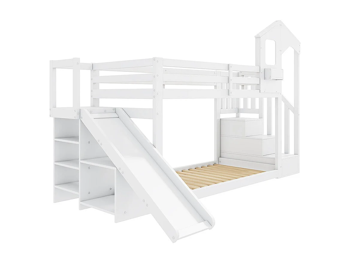 Kinderstapelbed 90*200, met glijbaan en trap, massief hout, wit