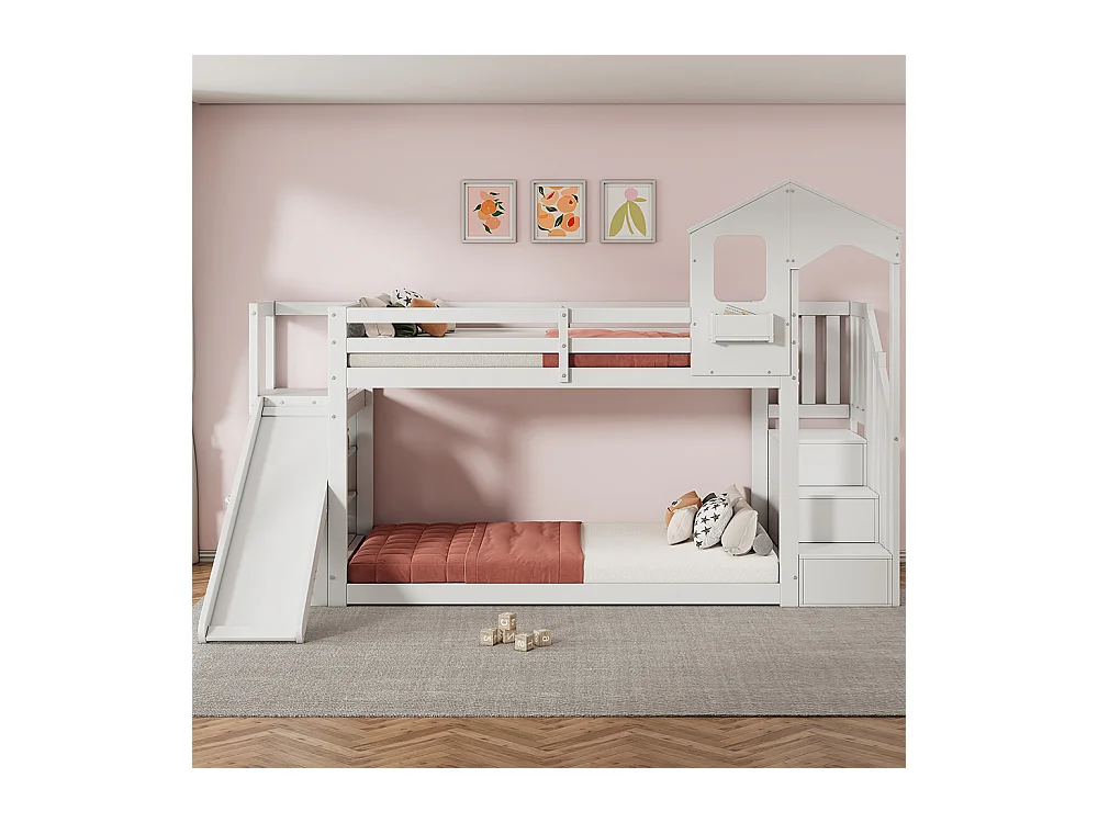 Lit superposé pour enfants 90*200, avec toboggan et escalier, bois massif, blanc