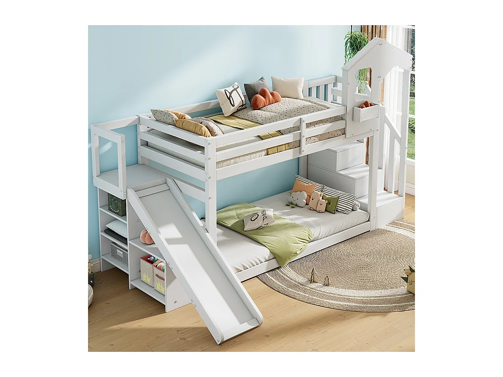 Lit superposé pour enfants 90*200, avec toboggan et escalier, bois massif, blanc