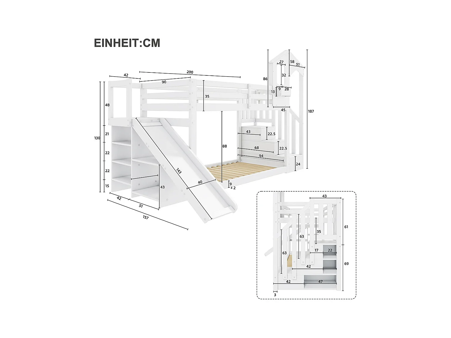 Lit superposé pour enfants 90*200, avec toboggan et escalier, bois massif, blanc