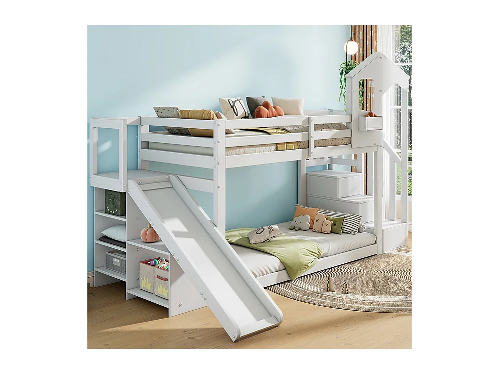 Lit superposé pour enfants 90*200, avec toboggan et escalier, bois massif, blanc