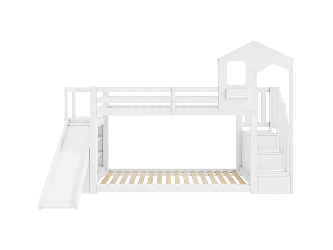 Lit superposé pour enfants 90*200, avec toboggan et escalier, bois massif, blanc