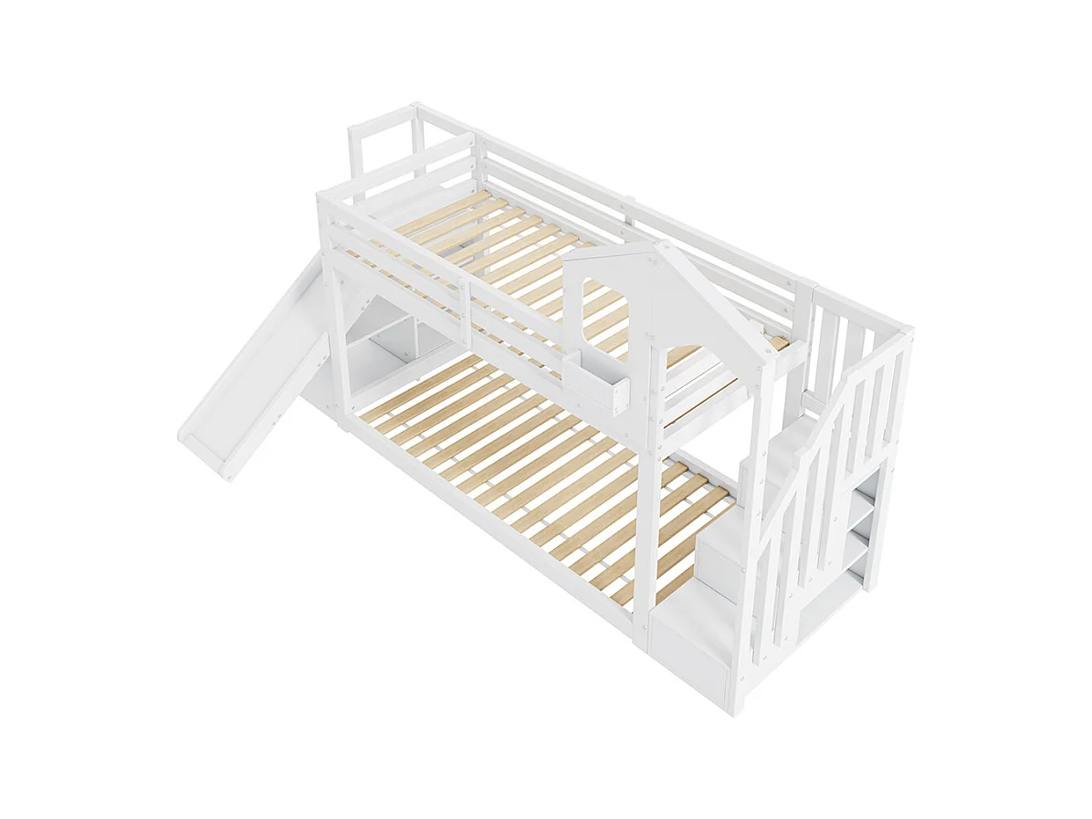 Lit superposé pour enfants 90*200, avec toboggan et escalier, bois massif, blanc