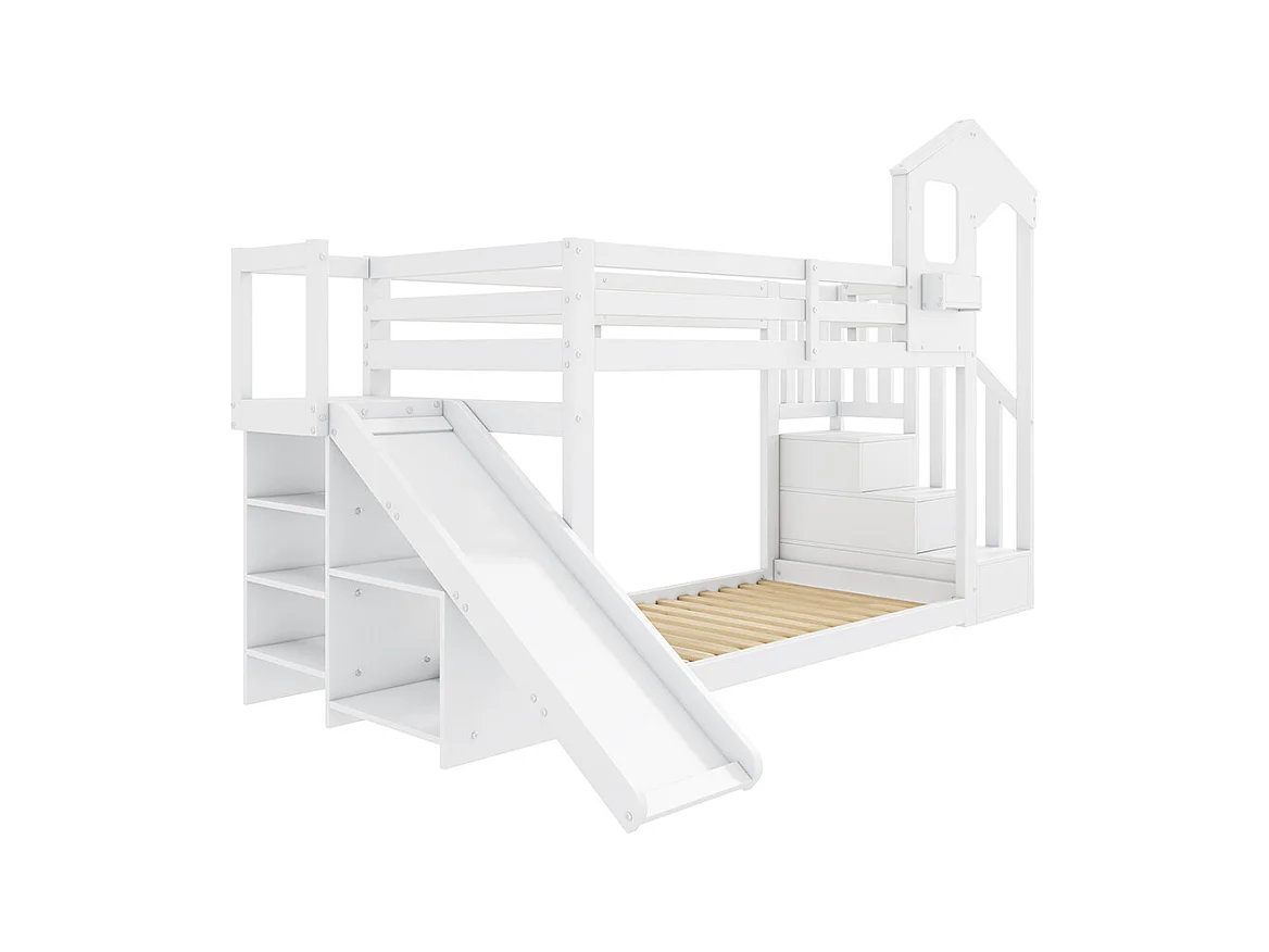 Lit superposé pour enfants 90*200, avec toboggan et escalier, bois massif, blanc