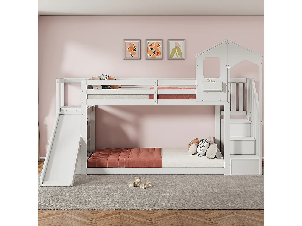 Beliche para crianças 90*200, com escorrega e escadas, madeira maciça, branco