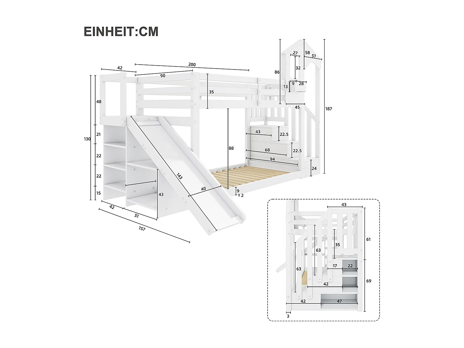 Beliche para crianças 90*200, com escorrega e escadas, madeira maciça, branco