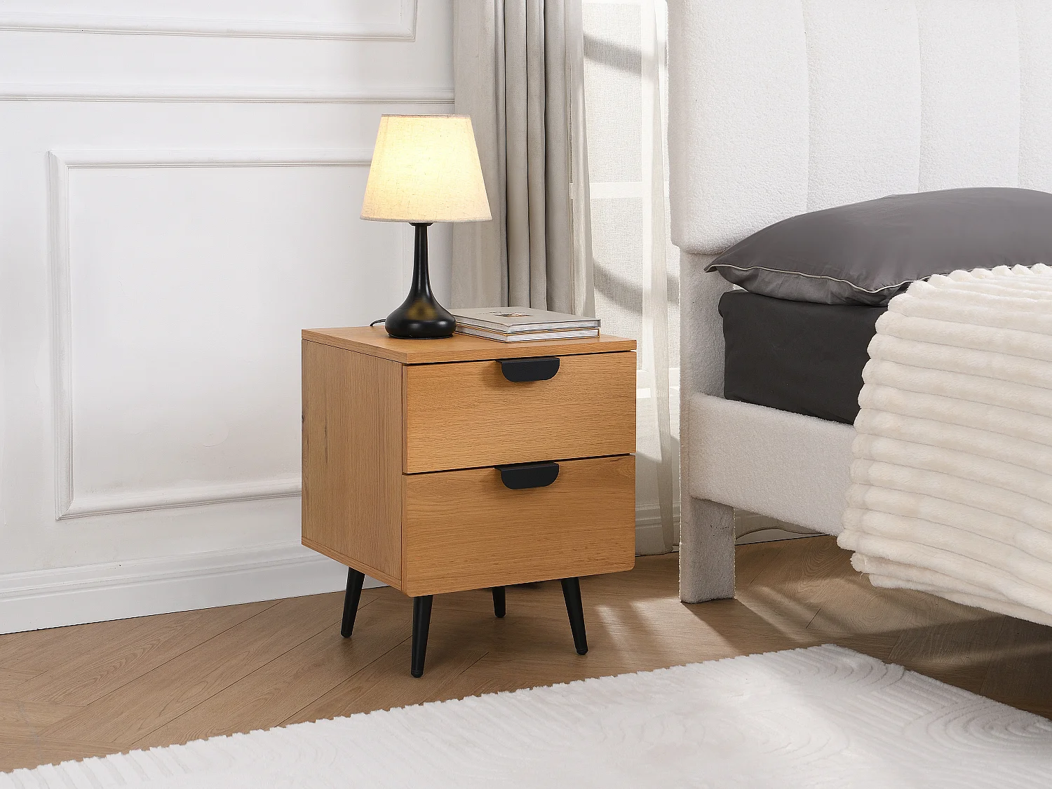 Lot de 2 tables de chevet - 2 tiroirs - Placage chêne - Coloris : Naturel et noir - SINOLO