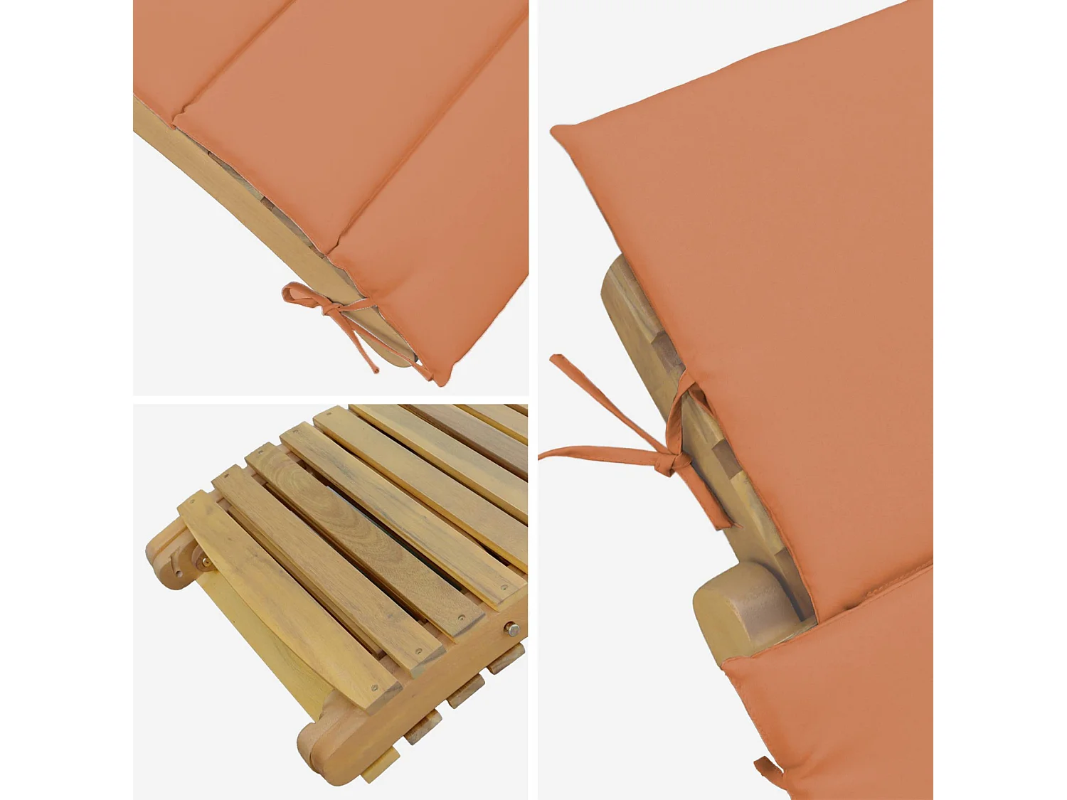 Lot de 2 bains de soleil en bois d'acacia LAURE avec coussin terracotta en polyester. 184 x 55 x 63.5 cm
