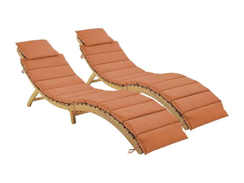 Lot de 2 bains de soleil en bois d'acacia LAURE avec coussin terracotta en polyester. 184 x 55 x 63.5 cm
