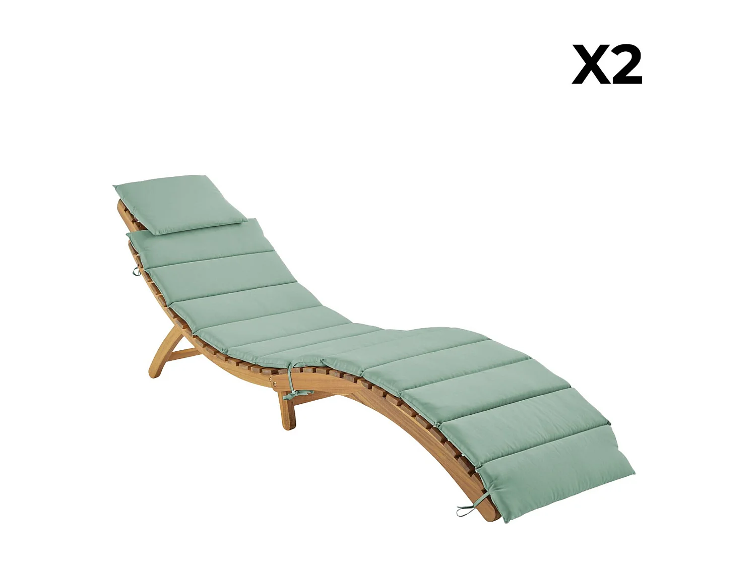 Lot de 2 bains de soleil en bois d'acacia LAURE avec coussin vert de gris en polyester. 184 x 55 x 63.5 cm