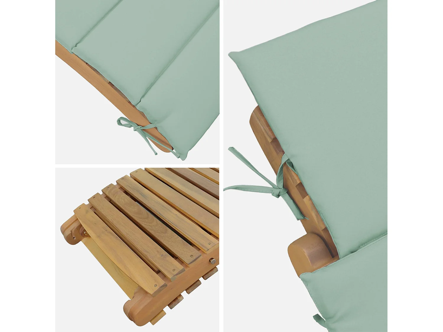 Lot de 2 bains de soleil en bois d'acacia LAURE avec coussin vert de gris en polyester. 184 x 55 x 63.5 cm