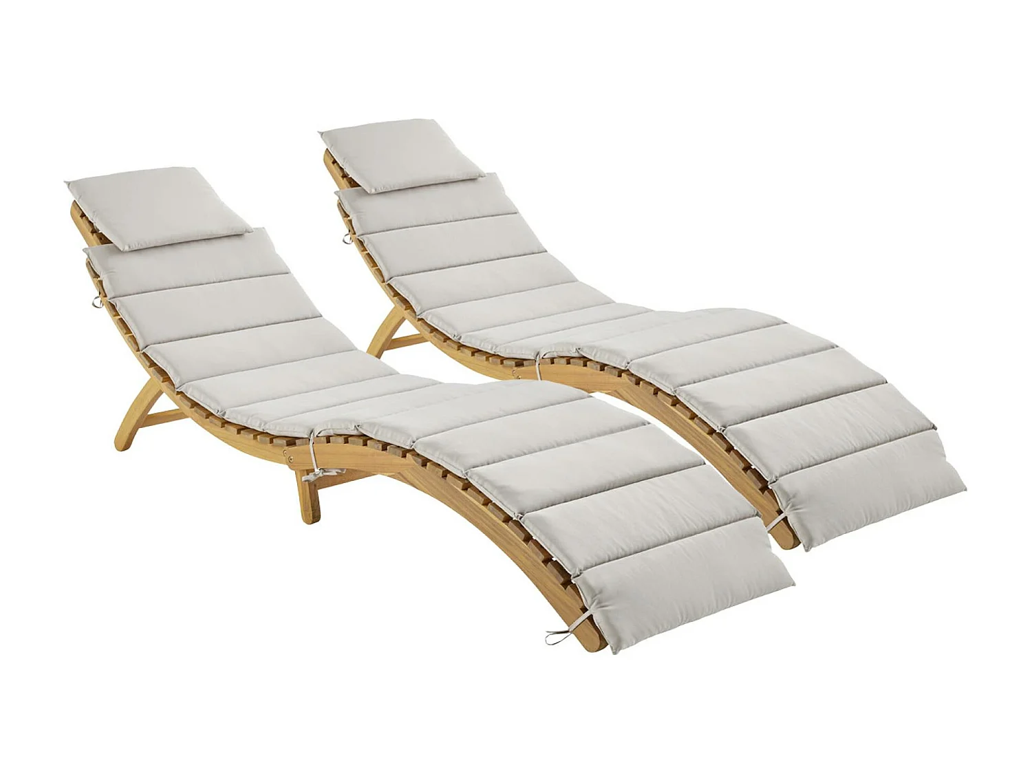 Lot de 2 bains de soleil en bois d'acacia LAURE avec coussin beige en polyester. 184 x 55 x 63.5 cm