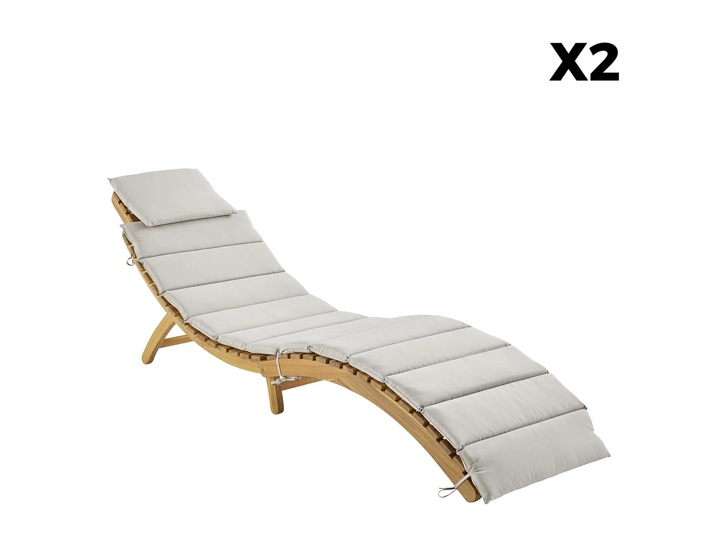 Lot de 2 bains de soleil en bois d'acacia LAURE avec coussin beige en polyester. 184 x 55 x 63.5 cm