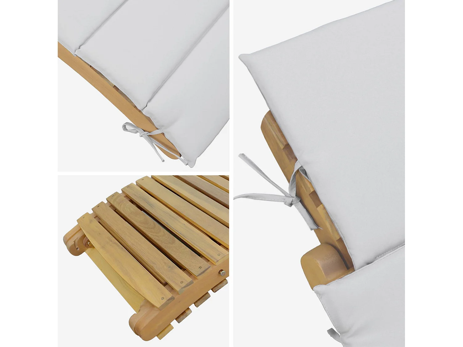 Lot de 2 bains de soleil en bois d'acacia LAURE avec coussin beige en polyester. 184 x 55 x 63.5 cm