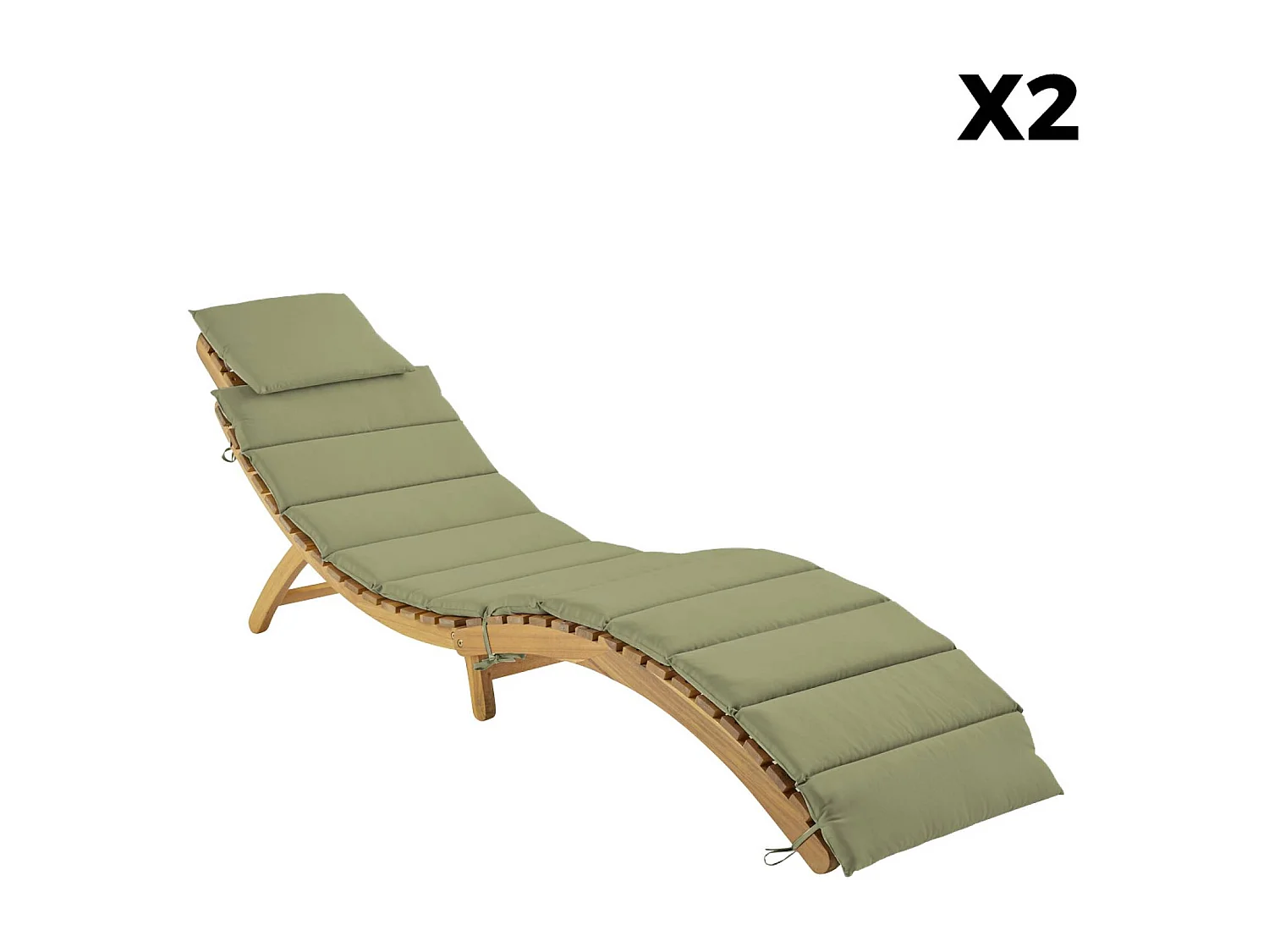 Lot de 2 bains de soleil en bois d'acacia LAURE avec coussin kaki en polyester. 184 x 55 x 63.5 cm