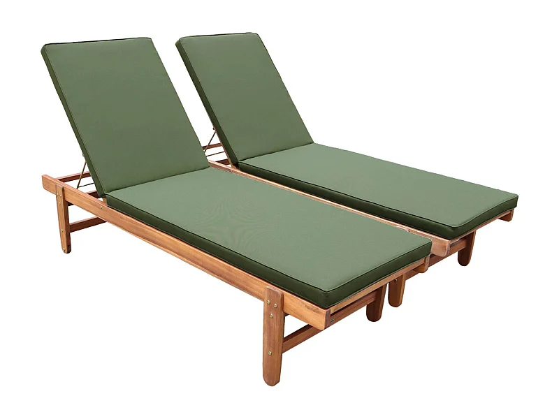 Set di 2 lettini prendisole multiposizione in legno con rotelle, verde