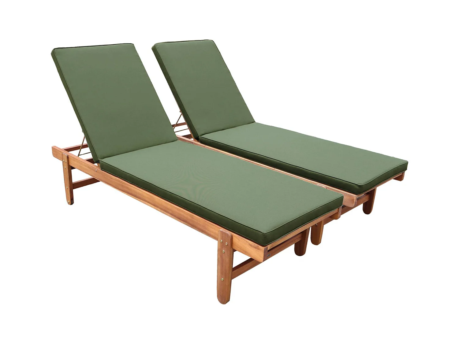 Set di 2 lettini prendisole multiposizione in legno con rotelle, verde