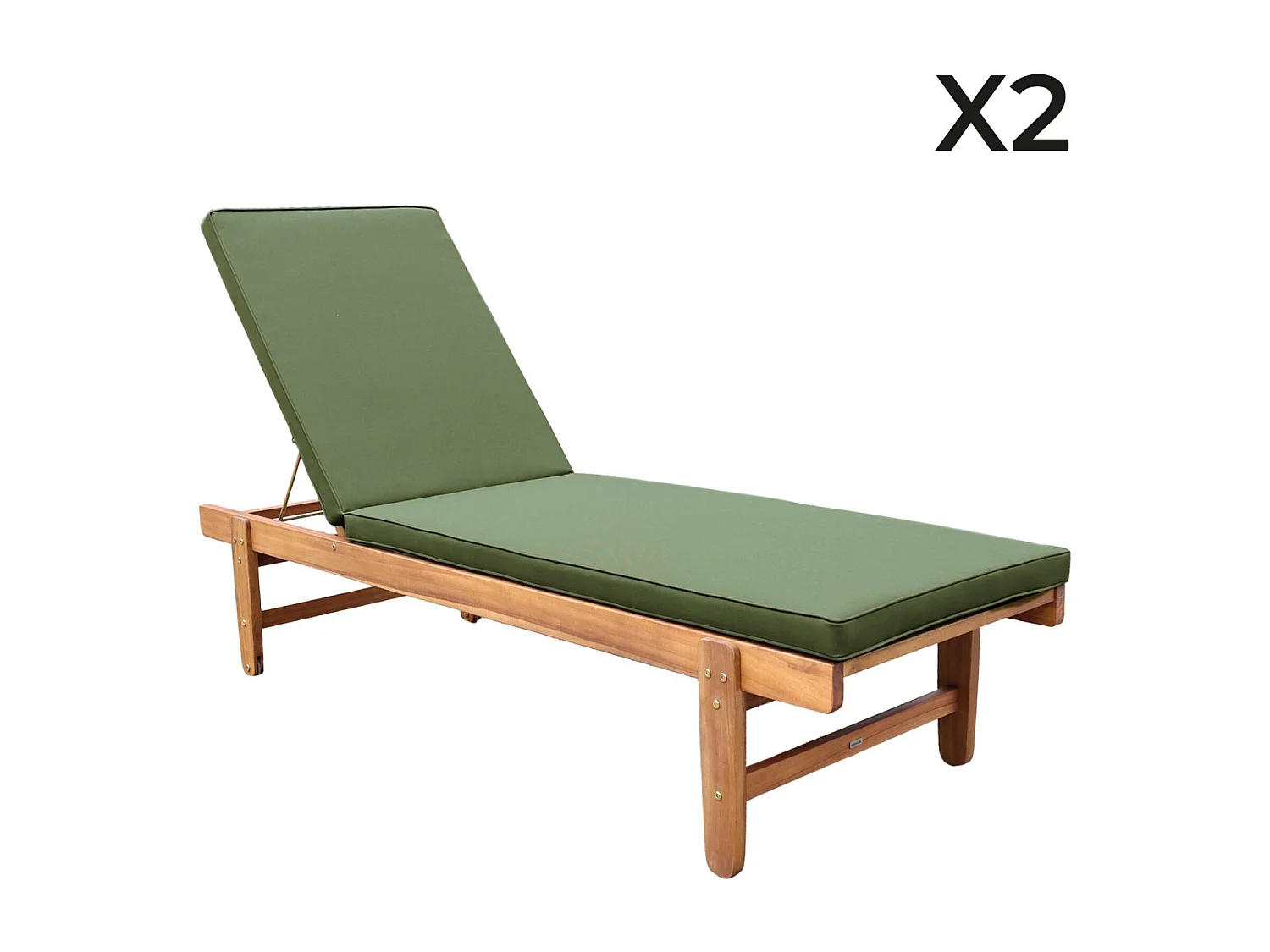 Set di 2 lettini prendisole multiposizione in legno con rotelle, verde