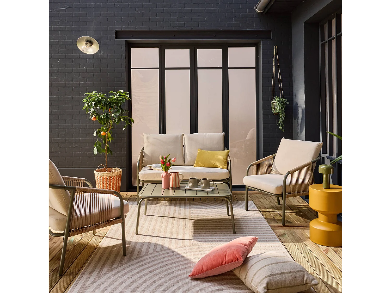 Conjunto de jardín de acero de 4 plazas verde kaki