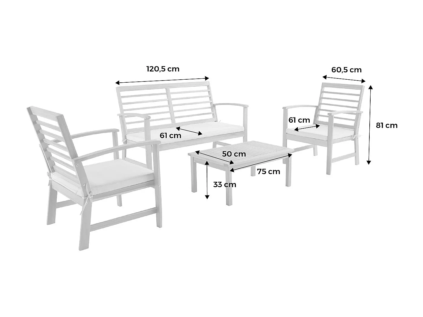 Salon de jardin pêche CHLOE en bois d'acacia 4 places. avec coussins en polyester. un canapé. une table. deux fauteuils