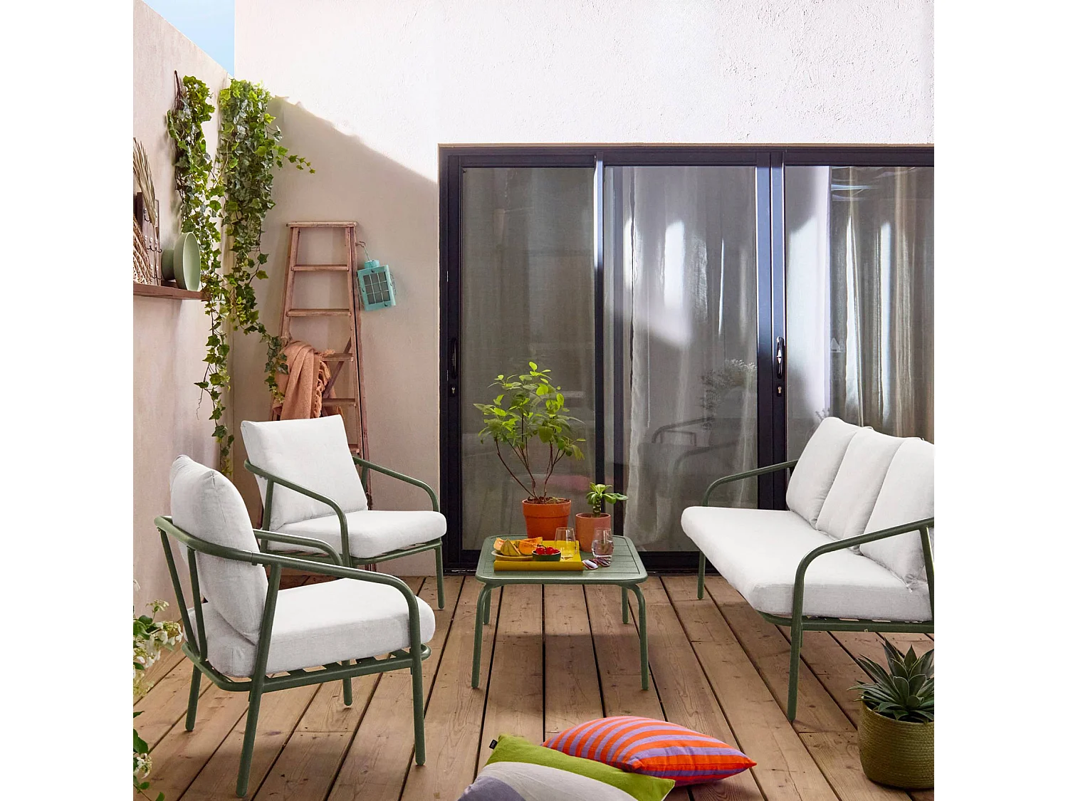 Set da giardino in acciaio 5 posti, verde kaki