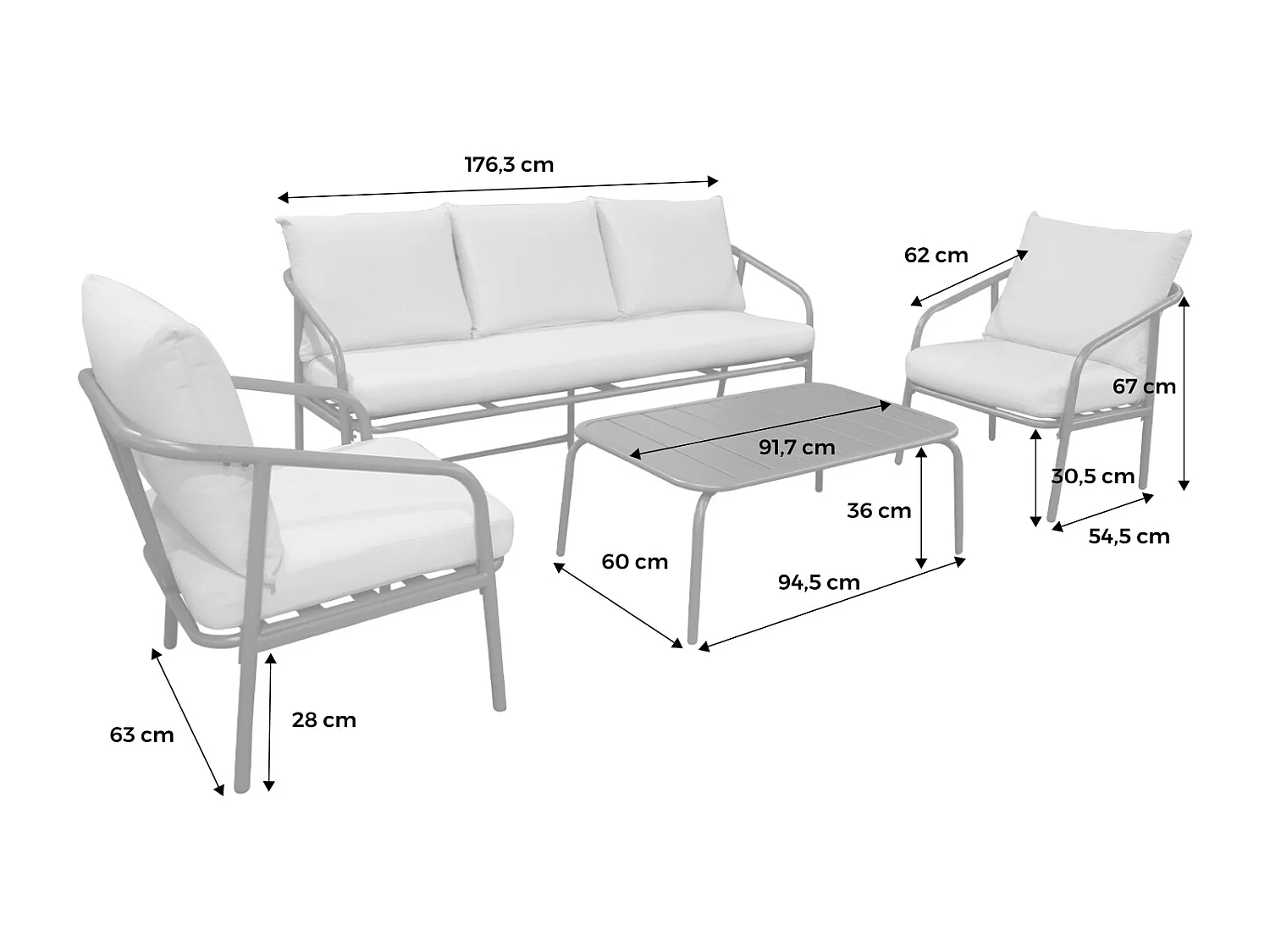 Set da giardino in acciaio 5 posti, verde kaki