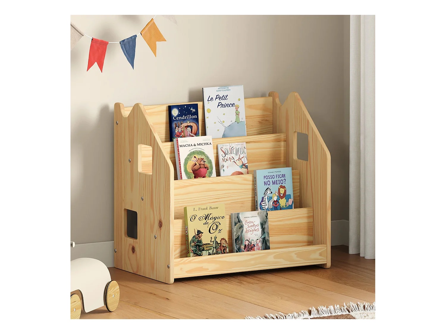 Bibliothèque enfant BRUNO, Rangement livres pour chambre enfant, 4 Compartiments, En pin massif coloris naturel
