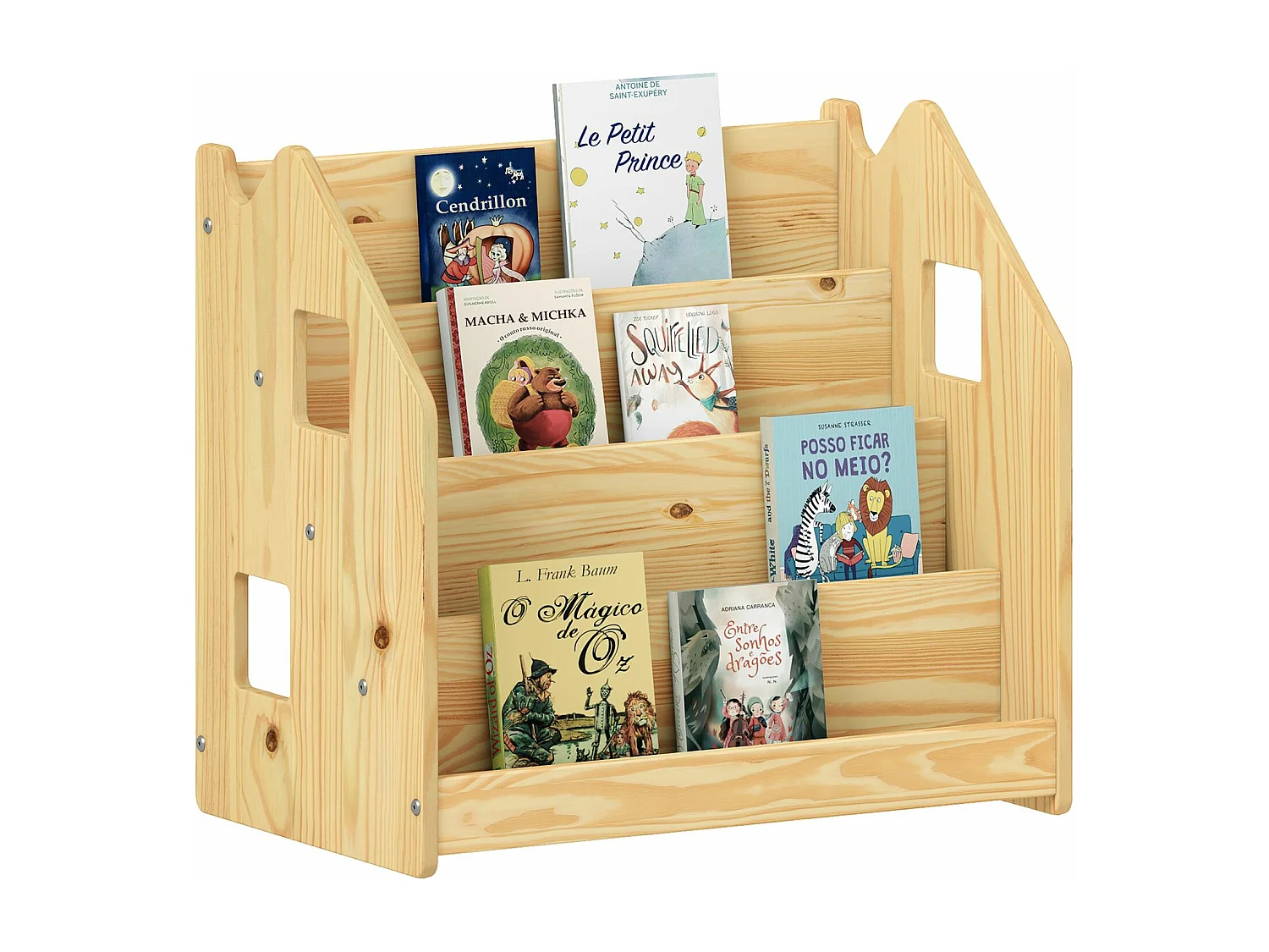Bibliothèque enfant BRUNO, Rangement livres pour chambre enfant, 4 Compartiments, En pin massif coloris naturel