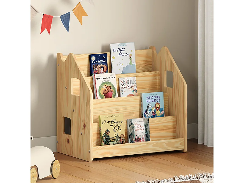 Bibliothèque enfant BRUNO, Rangement livres pour chambre enfant, 4 Compartiments, En pin massif coloris naturel