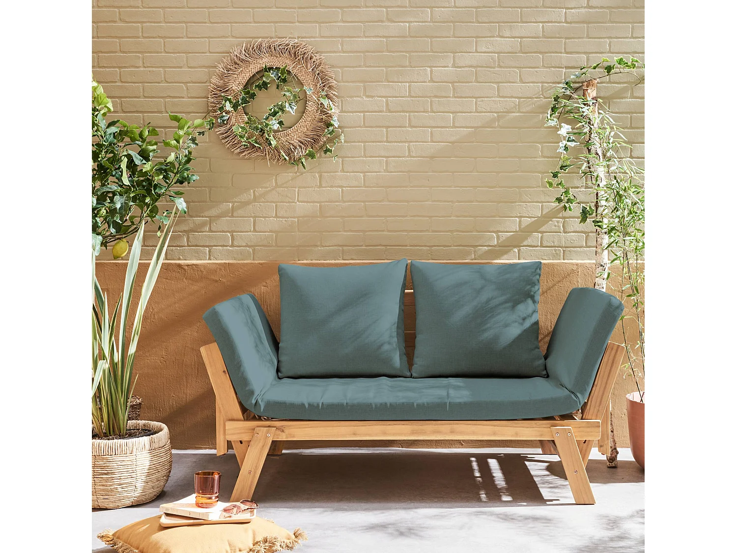 Banquette de jardin kaki 2/3 places JALANCE. accoudoirs modulables 155/200x72x74.5cm