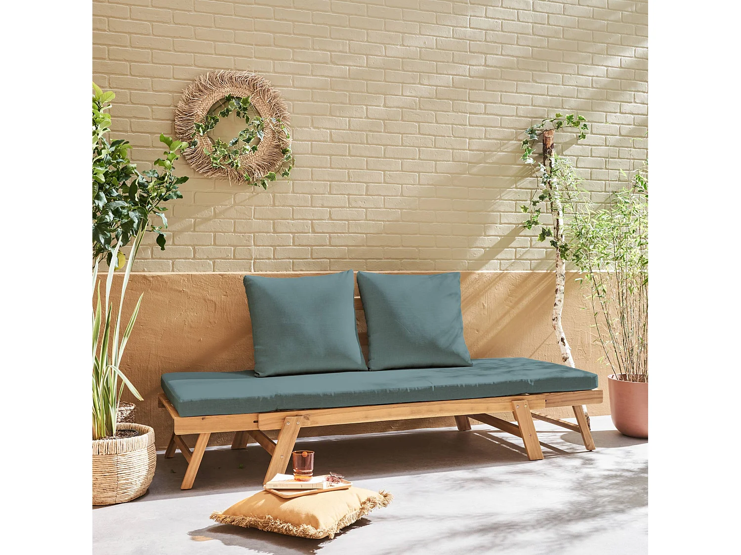 Banquette de jardin kaki 2/3 places JALANCE. accoudoirs modulables 155/200x72x74.5cm