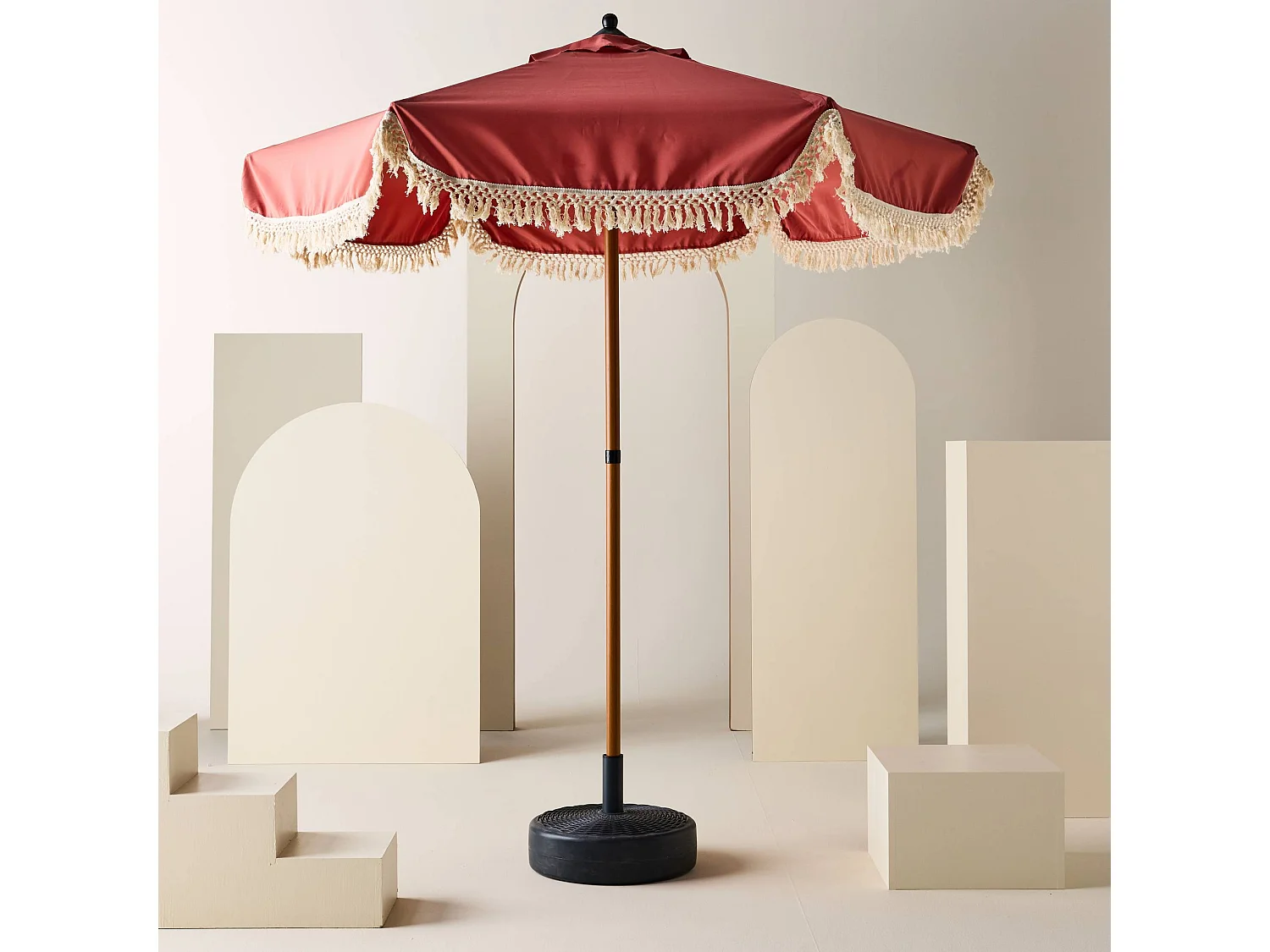 Ombrellone rotondo retto con frange, ø2m, terracotta