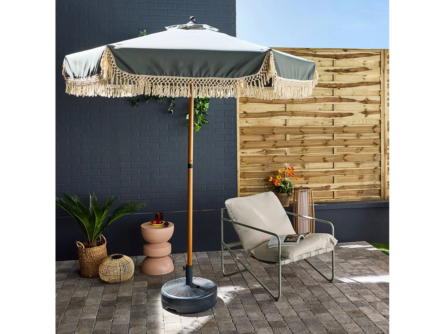 Ombrellone dritto con frange 2m, acciaio, verde kaki