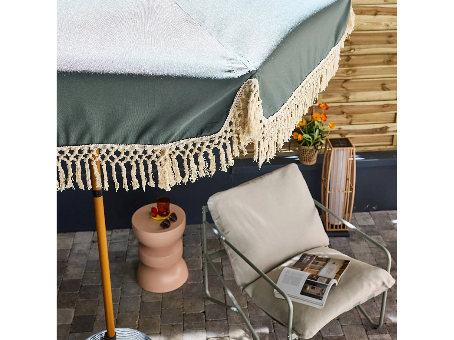 Ombrellone dritto con frange 2m, acciaio, verde kaki