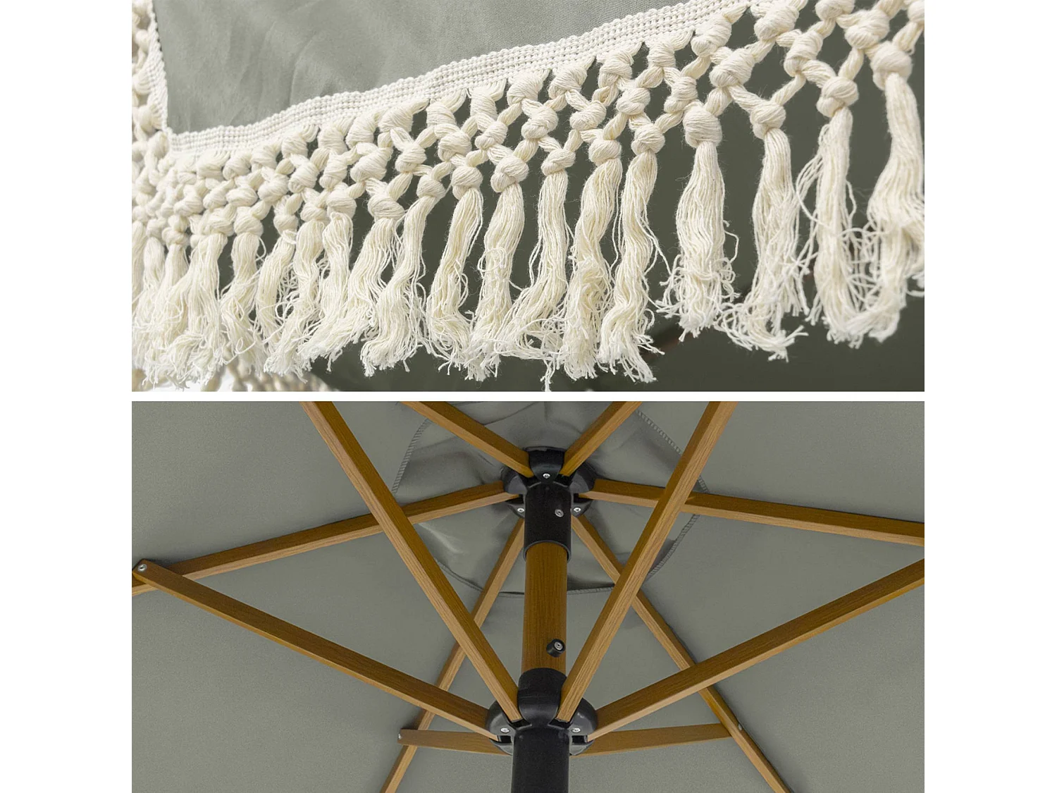 Ombrellone dritto con frange 2m, acciaio, verde kaki