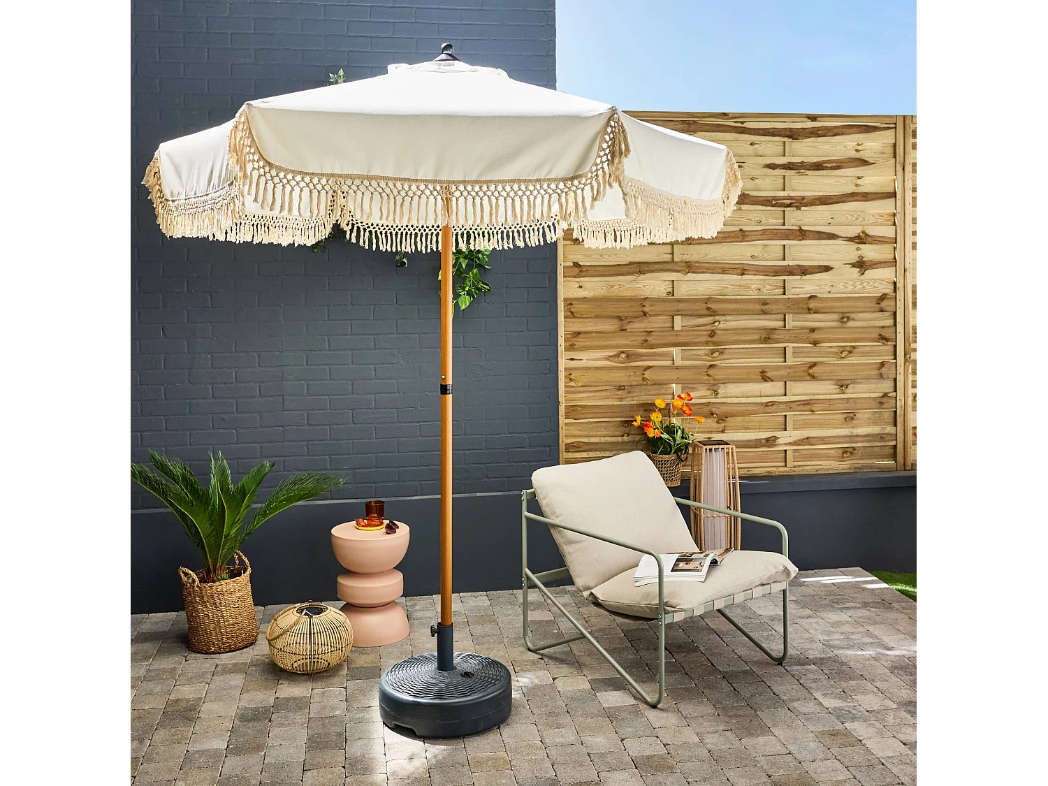 Ombrellone dritto con frange 2m, acciaio, beige