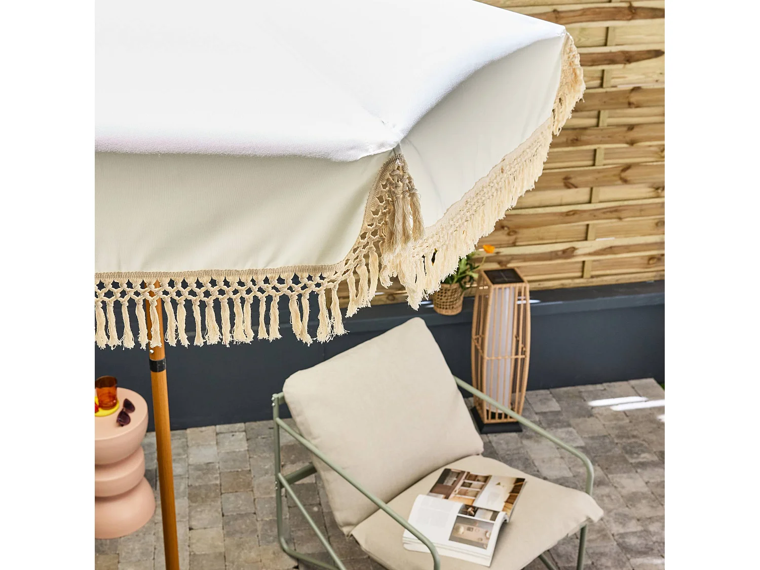 Ombrellone dritto con frange 2m, acciaio, beige