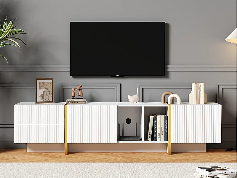 Meuble TV 190 cm - avec 2 portes 2 tiroirs 2 compartiments - Blanc